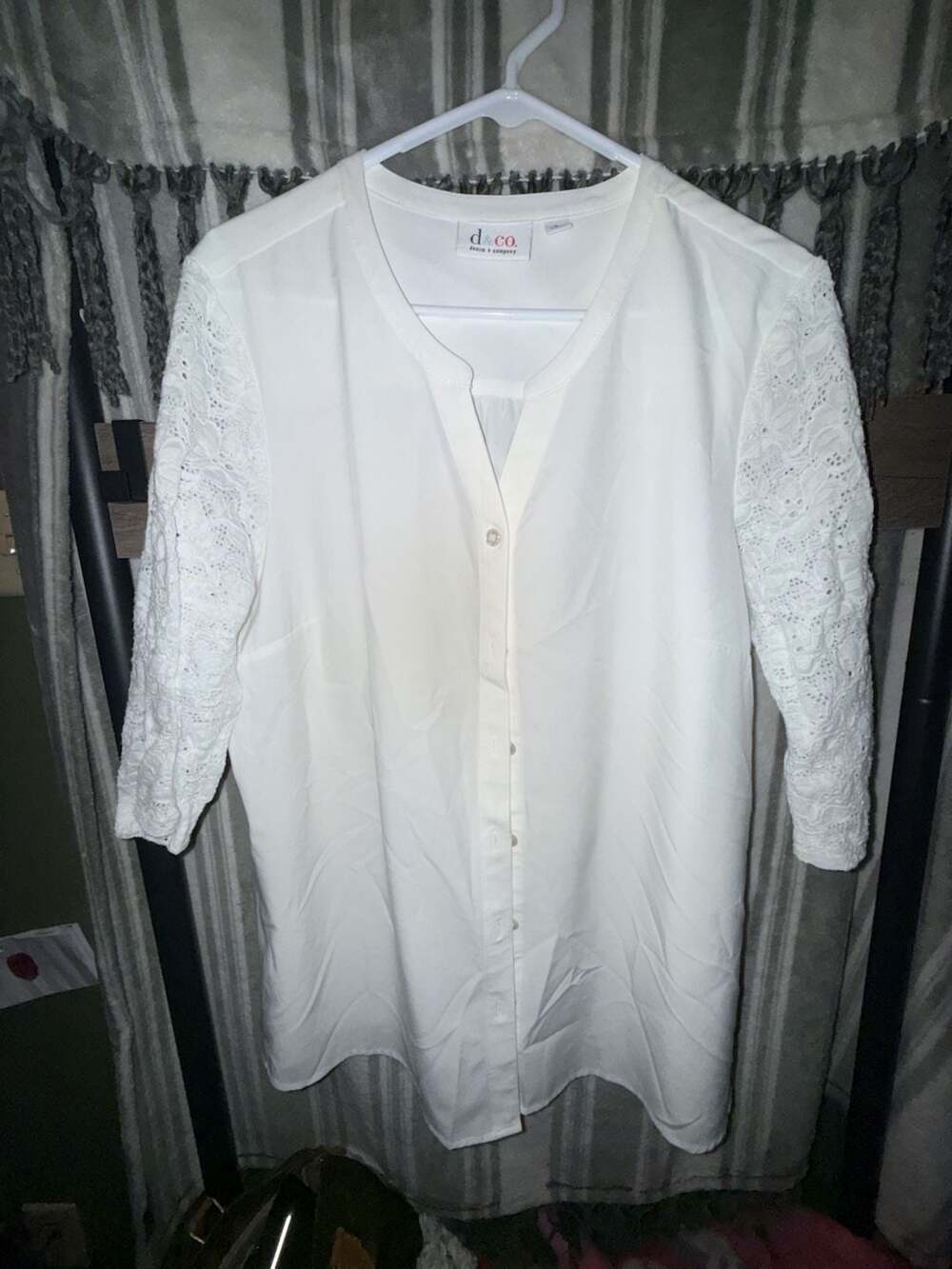 Denim & Co Lace Sleeve Blouse Size L White Button-Up Top